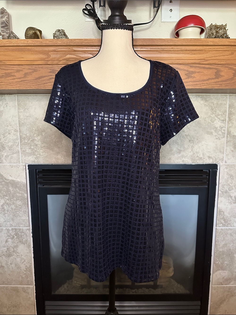 White House Black Market Women’s Navy Sequin Short-Sleeve Top with Open Back XL